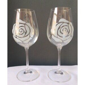 2 JNSQ Cristal Frosted Rose Flower Etched Wine Glasses Fros 9” Tall  New